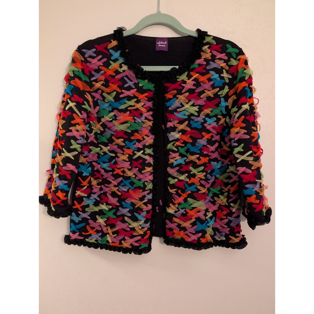 Michael Simon Black Multi Color 3D Mesh Ribbon X Ruffle Trim Cardigan Sweater L